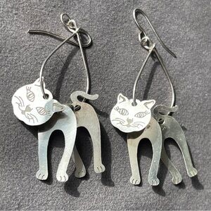 Vintage Mexican Sterling Silver Kinetic Kitty Cat Earrings-long!